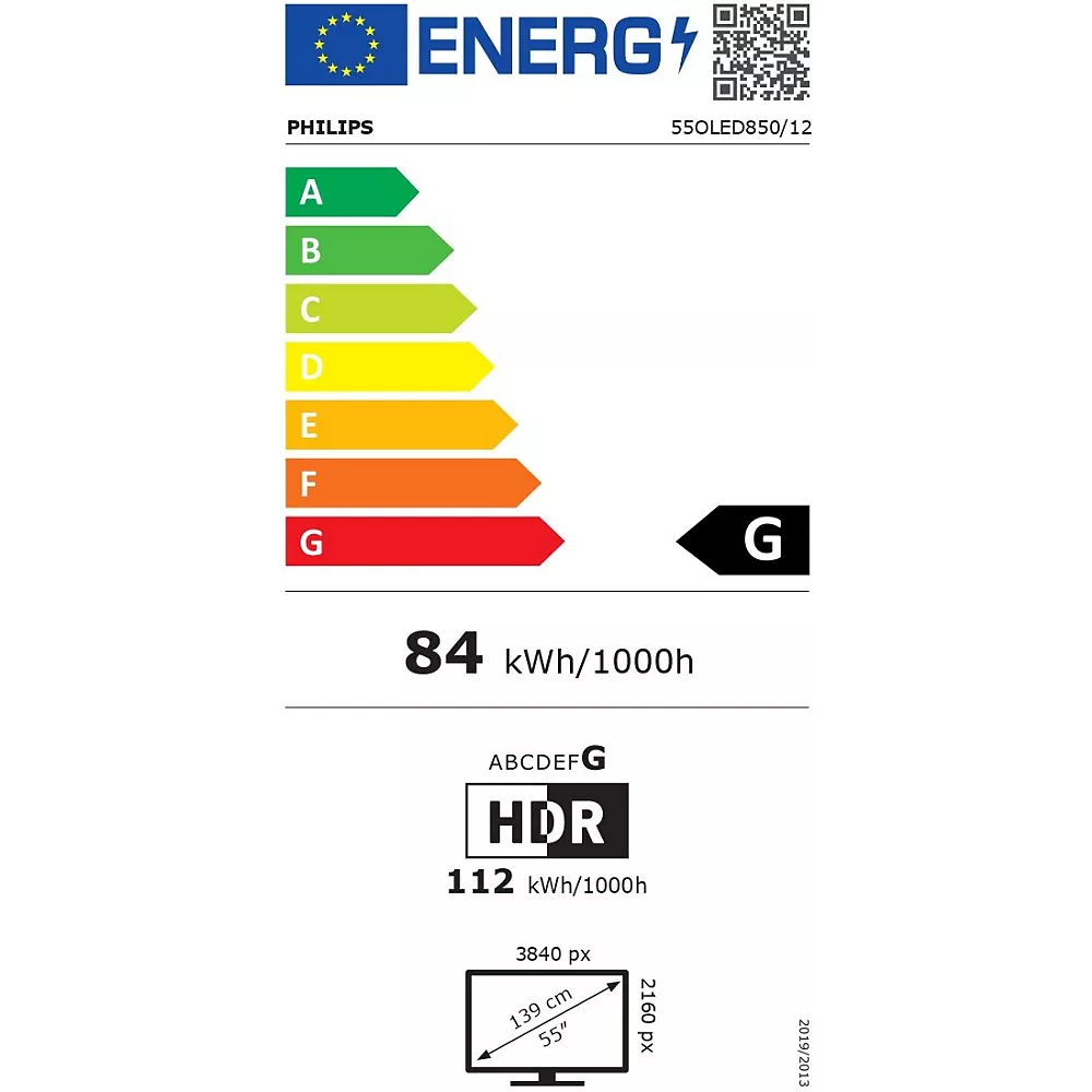 Le téléviseur PHILIPS 55OLED850/12 OLED a une étiquette énergétique G, consomme 84 kWh par 1000 heures, dispose du HDR, d'un écran de 139 cm et d'une résolution 4K. L'échelle d'efficacité énergétique va de A (le plus efficace) à G (le moins efficace).