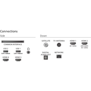 Diagramme présentant les ports USB, HDMI, satellite, antenne, sortie audio, réseau et interface commune du téléviseur PHILIPS 55OLED850/12 55 pouces OLED.