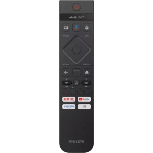 Une télécommande pour le téléviseur PHILIPS 55OLED850/12 OLED, avec des boutons dédiés à Netflix, YouTube et Prime Video.