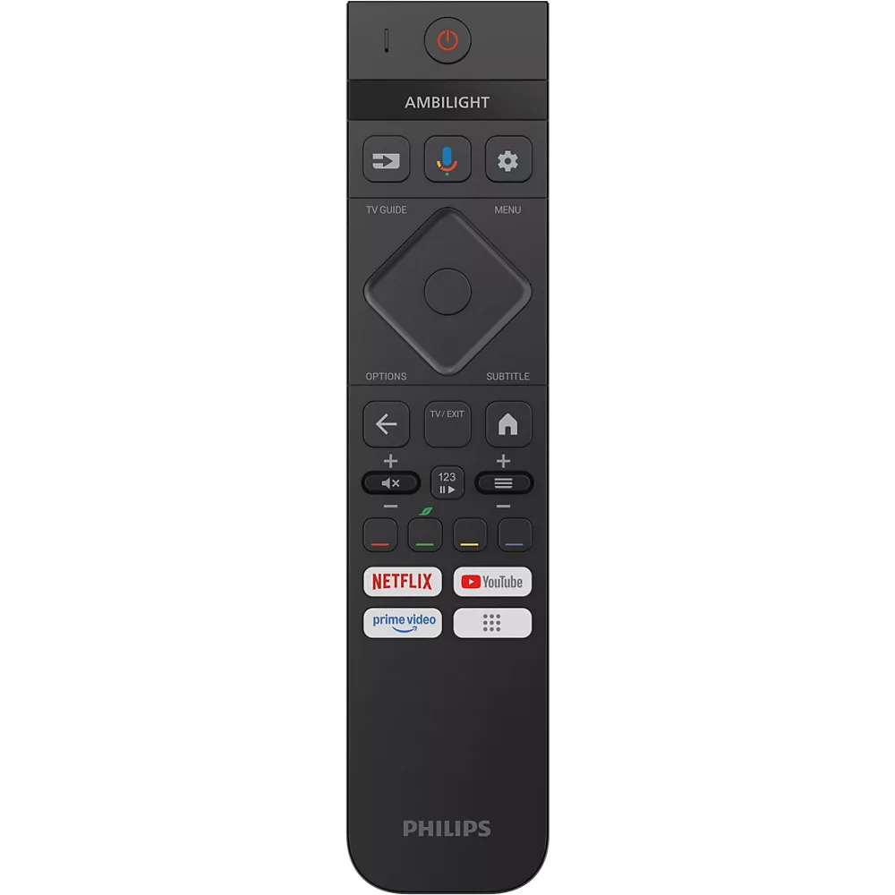 Une télécommande pour le téléviseur PHILIPS 55OLED850/12 OLED, avec des boutons dédiés à Netflix, YouTube et Prime Video.