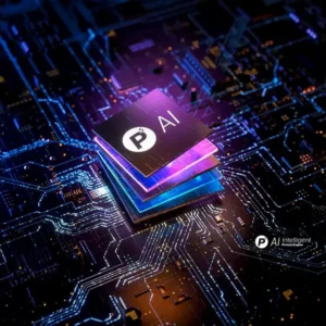 Une puce d'intelligence artificielle lumineuse sur un circuit imprimé futuriste avec un éclairage bleu et violet, inspiré par l'affichage vibrant d'un téléviseur OLED PHILIPS 55OLED850/12.