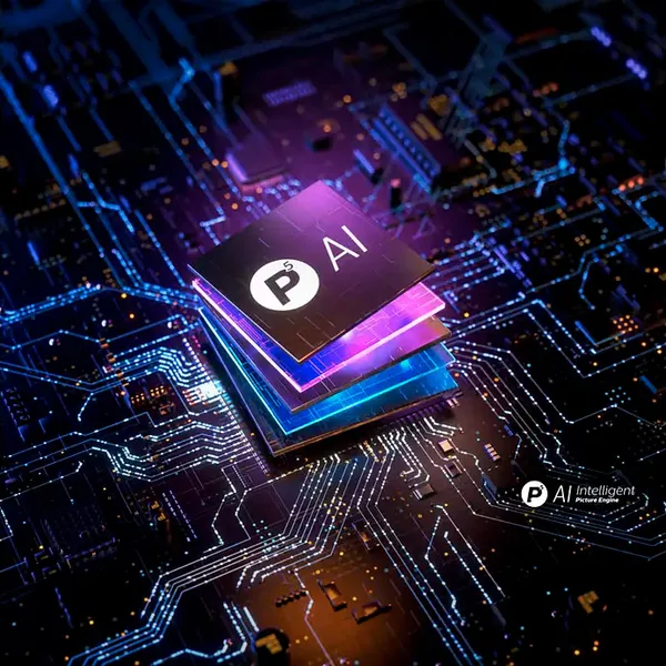 Une puce d'intelligence artificielle lumineuse sur un circuit imprimé futuriste avec un éclairage bleu et violet, inspiré par l'affichage vibrant d'un téléviseur OLED PHILIPS 55OLED850/12.