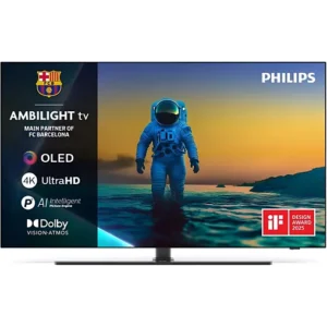 Le téléviseur PHILIPS 65OLED850/12 OLED montre un astronaute au bord de l'eau au coucher du soleil, avec des logos OLED, 4K et Dolby Vision-Atmos affichés à l'écran.