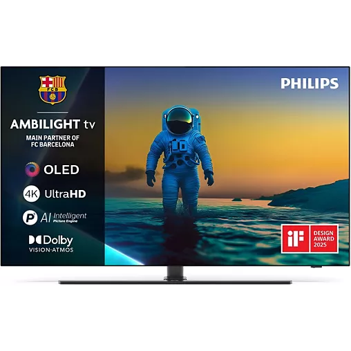 Le téléviseur PHILIPS 65OLED850/12 OLED montre un astronaute au bord de l'eau au coucher du soleil, avec des logos OLED, 4K et Dolby Vision-Atmos affichés à l'écran.