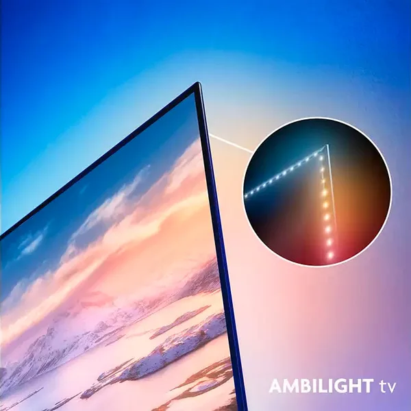 Le téléviseur PHILIPS 65OLED850/12 OLED est doté de la fonction Ambilight, qui projette des lumières LED colorées sur les bords de l'écran pour une expérience visuelle immersive.