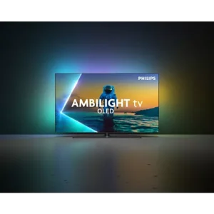 Un téléviseur PHILIPS 65OLED850/12 OLED met en scène un astronaute avec des effets Ambilight vibrants qui illuminent le mur derrière lui.