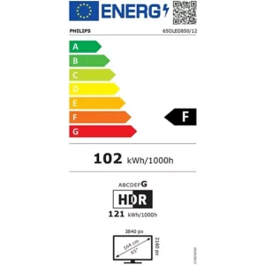 PHILIPS 65OLED850/12 TV OLED : classe énergétique F, 102 kWh/1000h, 65 pouces, 3840x2160 px, HDR, avec label énergétique de l'UE.