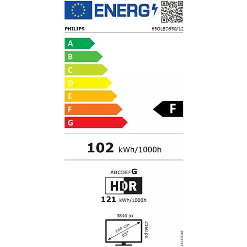 PHILIPS 65OLED850/12 TV OLED : classe énergétique F, 102 kWh/1000h, 65 pouces, 3840x2160 px, HDR, avec label énergétique de l'UE.