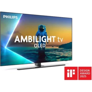 Le PHILIPS 65OLED850/12 présente une image vivante d'astronaute sur son écran OLED Ambilight et arbore le badge iF Design Award 2025 dans le coin inférieur droit.