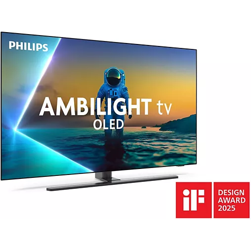 Le PHILIPS 65OLED850/12 présente une image vivante d'astronaute sur son écran OLED Ambilight et arbore le badge iF Design Award 2025 dans le coin inférieur droit.