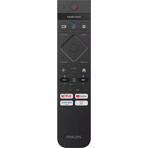 Télécommande noire pour PHILIPS 65OLED850/12 OLED TV, avec des boutons dédiés à Netflix, YouTube et Prime Video.
