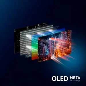 L'illustration du téléviseur PHILIPS 65OLED850/12 OLED montre sa structure OLED META en couches, avec une image vibrante de paysage urbain.