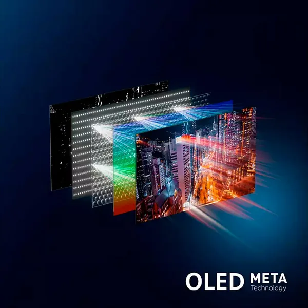 L'illustration du téléviseur PHILIPS 65OLED850/12 OLED montre sa structure OLED META en couches, avec une image vibrante de paysage urbain.