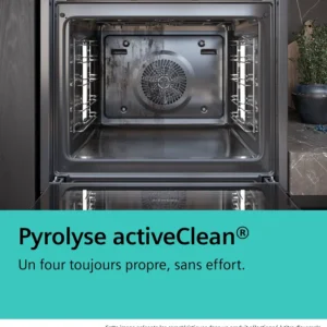 Avec la fonction Pyrolyse activeClean, le four SIEMENS HB472G0B3F offre un intérieur impeccable et un nettoyage sans effort pour faciliter l'entretien au quotidien.