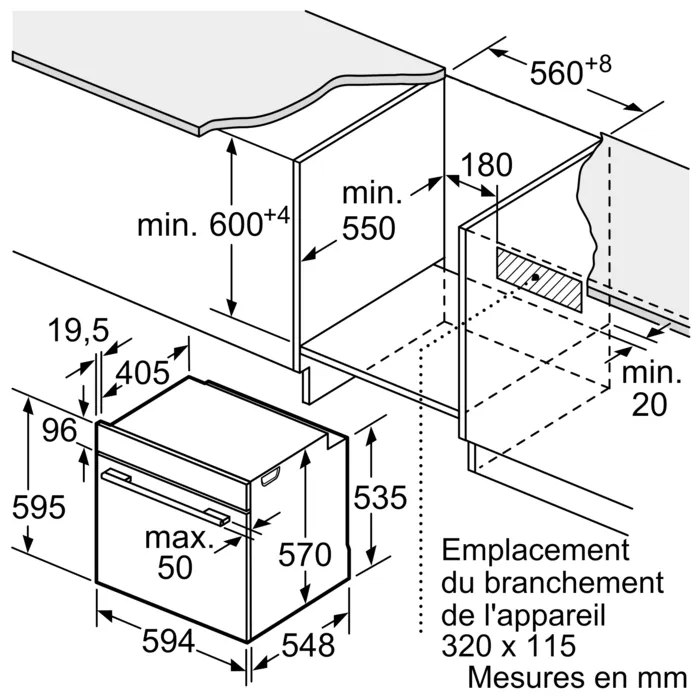 Les dimensions d'installation du four encastrable SIEMENS HB472G0B3F sous un plan de travail sont indiquées en millimètres.
