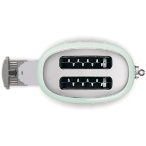 Vue du dessus du grille-pain SMEG TSF01PGEU VERT D'EAU avec le tiroir ramasse-miettes sorti, sur fond blanc.