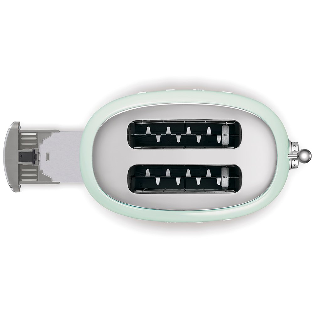 Vue du dessus du grille-pain SMEG TSF01PGEU VERT D'EAU avec le tiroir ramasse-miettes sorti, sur fond blanc.