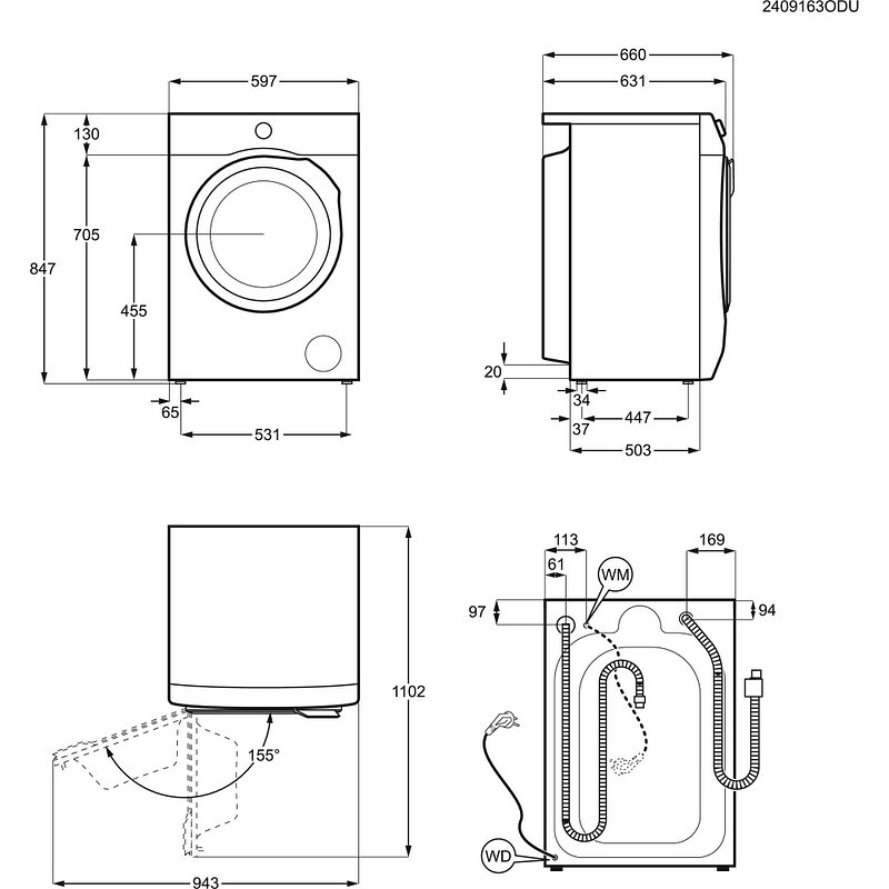 Schéma technique du lave-linge AEG LFR731611V, indiquant ses dimensions et les raccordements de plomberie.