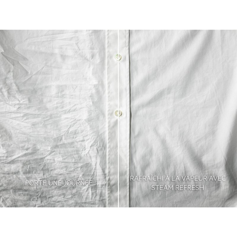 Une chemise blanche - à gauche froissée, à droite lisse, avec un texte en français sur le rafraîchissement à la vapeur - met parfaitement en valeur l'entretien avancé des tissus du lave-linge AEG LFR731611V.