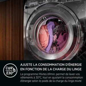 Le lave-linge AEG LFR731611V est doté d'un cycle mixte de 69 minutes à 30°C pour économiser de l'énergie, même avec des vêtements à l'intérieur.