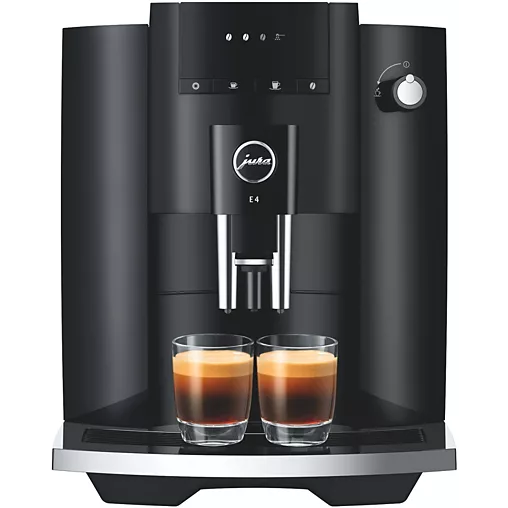 La JURA E4 PIANOBLACK prépare deux tasses de café avec une crème riche et onctueuse, magnifiquement présentée dans des verres transparents.