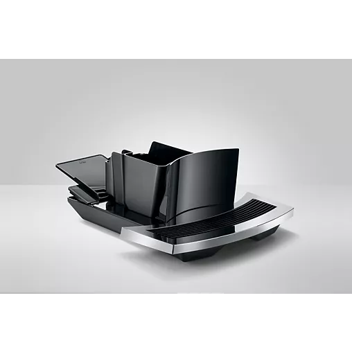 Machine à café JURA E4 PIANOBLACK, élégante et moderne, au design arrondi, s'intégrant parfaitement à votre cuisine, présentée sur un fond blanc uni.
