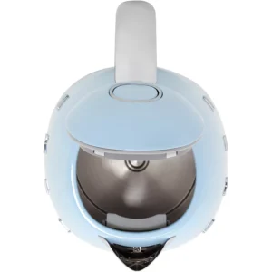 Vue du dessus d'une bouilloire électrique SMEG KLF04PBEU BLEU AZUR ouverte, dotée d'une poignée argentée et d'un intérieur en acier inoxydable.
