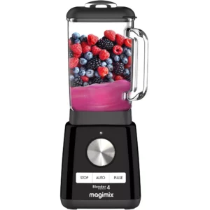 Un mixeur MAGIMIX 11628 rempli de baies mixées et de liquide rose, avec les boutons Stop, Auto et Pulse.