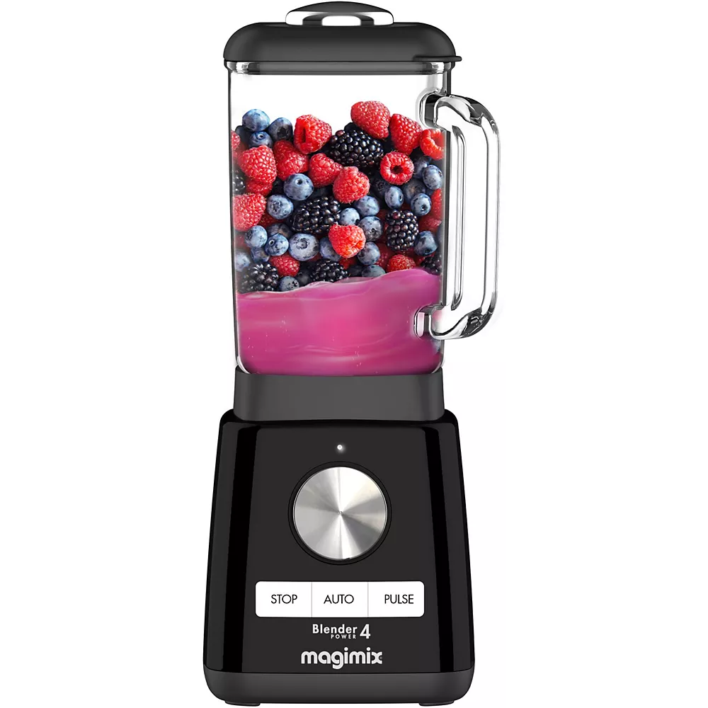 Un mixeur MAGIMIX 11628 rempli de baies mixées et de liquide rose, avec les boutons Stop, Auto et Pulse.