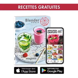 Un livre et un smartphone présentent des recettes de smoothie MAGIMIX 11628, avec une bannière "Recettes Gratuites" et les icônes du magasin d'applications en dessous.