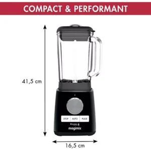 Un mixeur MAGIMIX 11628 noir, mesurant 41,5 cm de hauteur et 16,5 cm de largeur, est représenté sur un fond blanc.