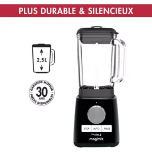 Le blender MAGIMIX 11628 en noir élégant a une capacité de 2,5 litres et un moteur garanti 30 ans, sur fond blanc.