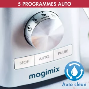 Gros plan sur le panneau de commande du mixeur MAGIMIX 11628, en particulier sur la molette de programmation et l'icône de la fonction "Auto clean".