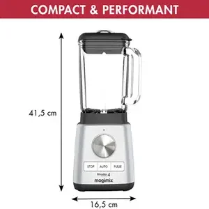 Le MAGIMIX 11630 est un mixeur compact, mesurant 41,5 cm de haut et 16,5 cm de large, qualifié de "compact et performant".