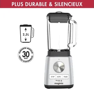 Le mixeur MAGIMIX 11630 a une capacité de 2,5 litres, une garantie de 30 ans et un texte en français, ce qui témoigne de sa durabilité et de ses performances silencieuses.