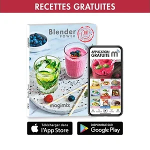 Un livre et un téléphone présentent des recettes de smoothie pour le MAGIMIX 11630. Les boutons de téléchargement des applications pour l'App Store et Google Play sont indiqués ci-dessous.