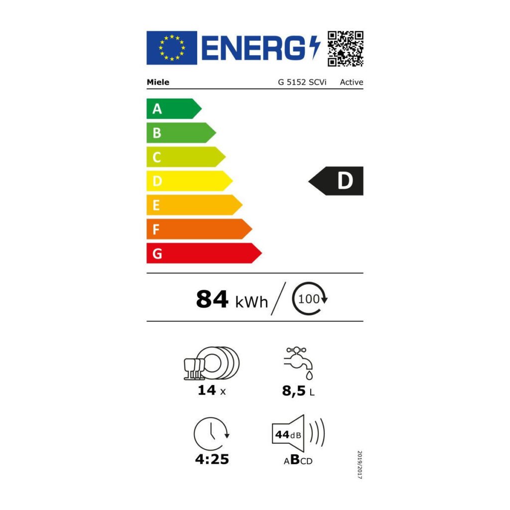 Le lave-vaisselle MIELE G 5152 SCVI a une étiquette énergétique D, consomme 84 kWh pour 100 cycles, 8,5 litres d'eau par cycle, offre 14 couverts, fonctionne silencieusement à 44 dB et effectue un cycle en 4 heures et 25 minutes.