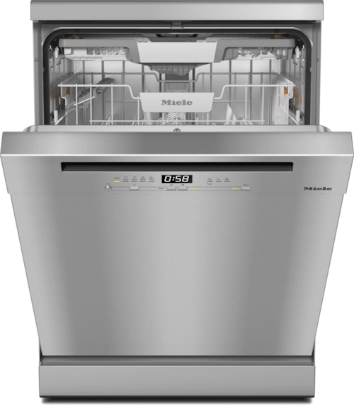 Le lave-vaisselle MIELE G 5812 SC FRONT INOX est présenté avec sa porte en acier inoxydable ouverte et le panier supérieur vide visible.