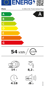 Etiquette énergétique pour MIELE G 5812 SC FRONT INOX : Classé A, 54 kWh/an, 14 couverts, 8.2L d'eau/cycle, 4:18h d'autonomie, 42dB de bruit, finition Inox frontale.