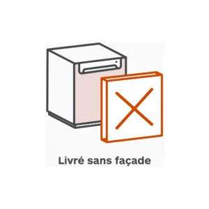 Image montrant le lave-vaisselle MIELE G 5152 SCVI dont la façade a été retirée et marquée d'un X orange, avec le texte "Livré sans façade".