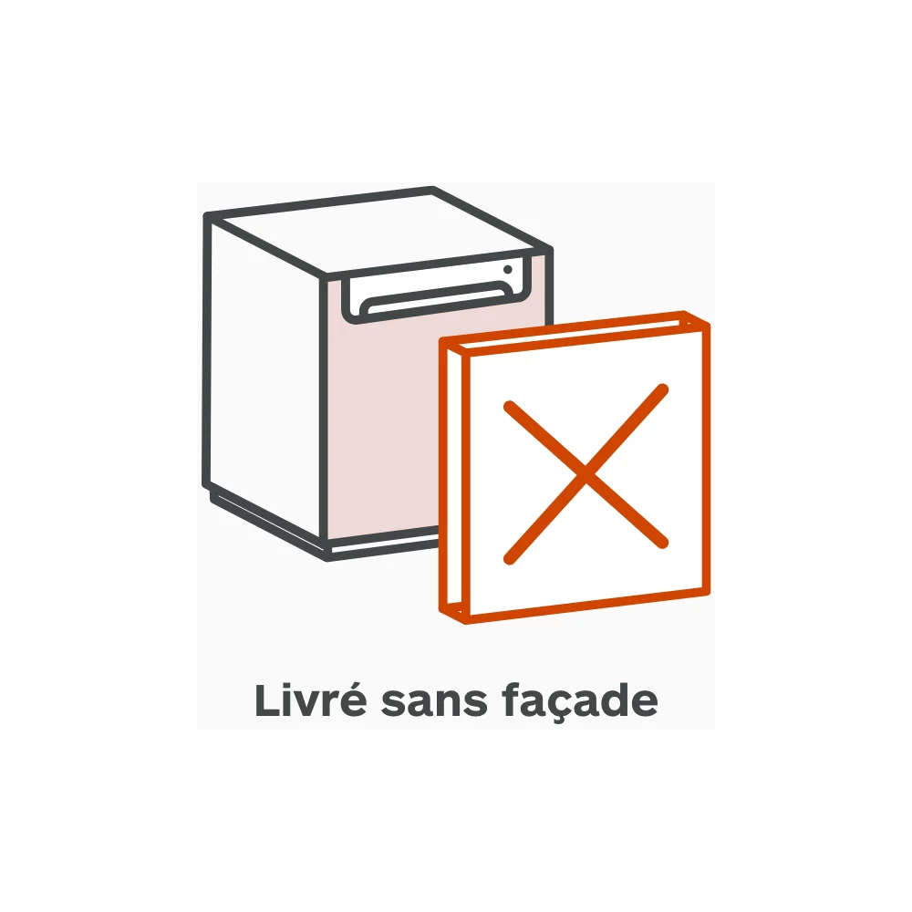 Image montrant le lave-vaisselle MIELE G 5152 SCVI dont la façade a été retirée et marquée d'un X orange, avec le texte "Livré sans façade".