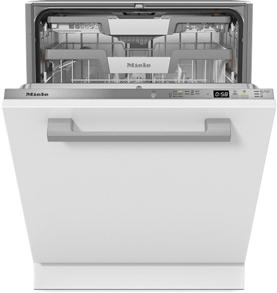 En ouvrant le lave-vaisselle MIELE G 5863 SCVI EXCELLENCE, vous découvrirez des casiers visibles et un affichage numérique indiquant les 58 minutes restantes, ce qui témoigne de sa conception supérieure.
