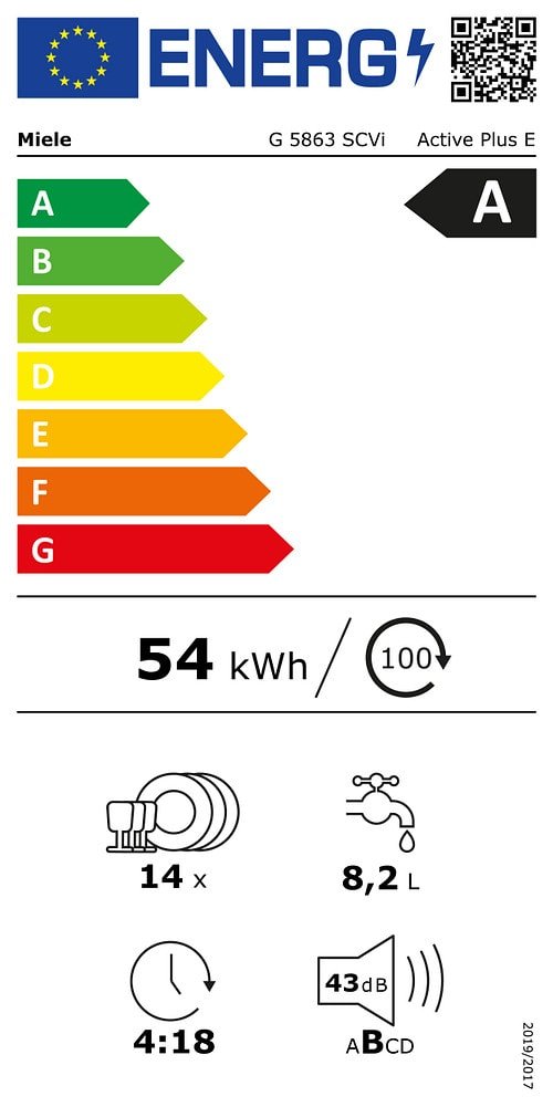 Le lave-vaisselle MIELE G 5863 SCVI EXCELLENCE affiche une étiquette énergétique A, consomme 54 kWh/100 cycles, peut contenir 14 couverts, consomme 8,2 litres par cycle, fonctionne pendant 4:18 heures et est silencieux à seulement 43 dB.