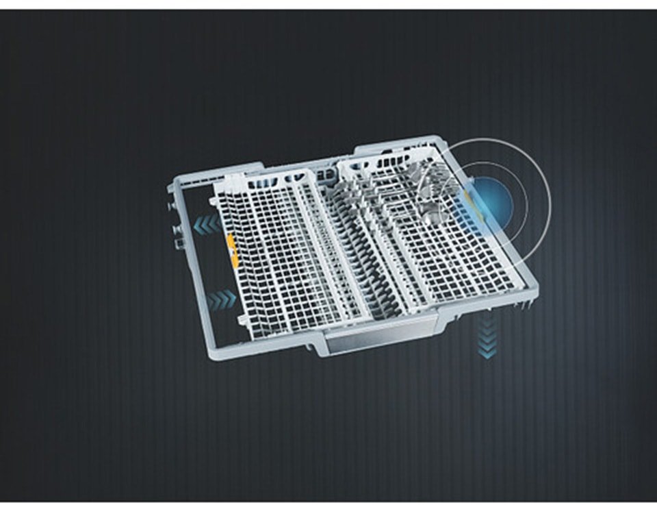 Vue de dessus d'un panier de lave-vaisselle MIELE G 5863 SCVI EXCELLENCE, avec une zone surlignée indiquant la particularité ou la technologie de ce modèle.