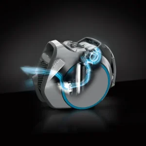 Un aspirateur moderne Miele BOOST CX1 POWERLINE avec des graphiques de flux d'air bleus sur un fond sombre.