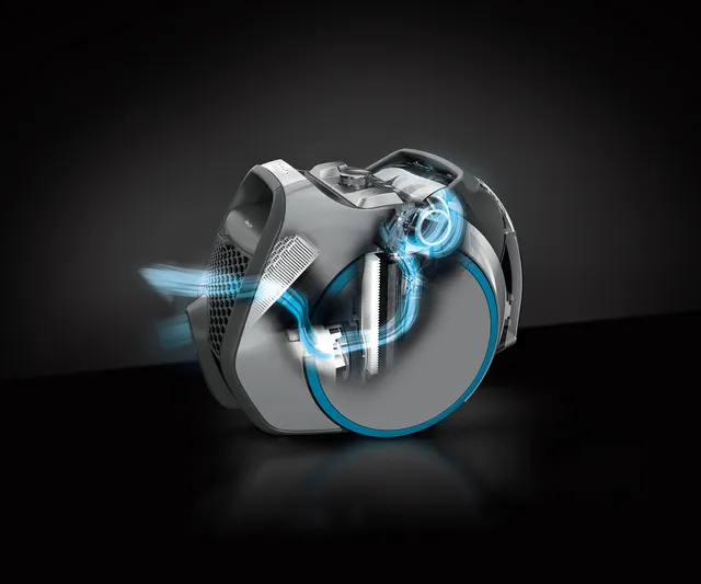 Un aspirateur moderne Miele BOOST CX1 POWERLINE avec des graphiques de flux d'air bleus sur un fond sombre.
