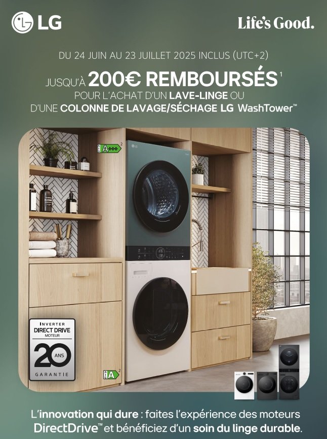 Une buanderie moderne avec une LG WashTower, des étagères en bois et des armoires de rangement, promouvant une offre de remboursement exceptionnelle sur l'électroménager lavage.