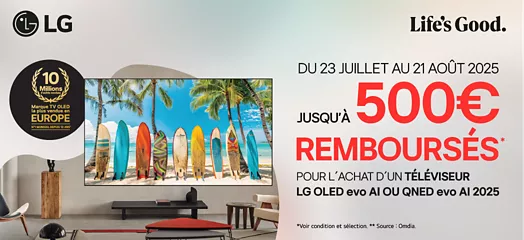 Promotion LG TV : Jusqu'à 500€ de remboursement sur les modèles LG OLED sélectionnés, du 23 juillet au 21 août 2025. Des planches de surf à l'écran.