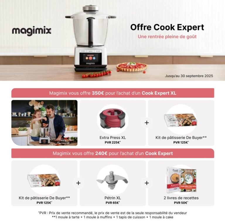 Une promotion MAGIMIX COOK EXPERT mettant en valeur l'appareil, des articles bonus exclusifs à l'achat et tous les détails de l'OFFRE.