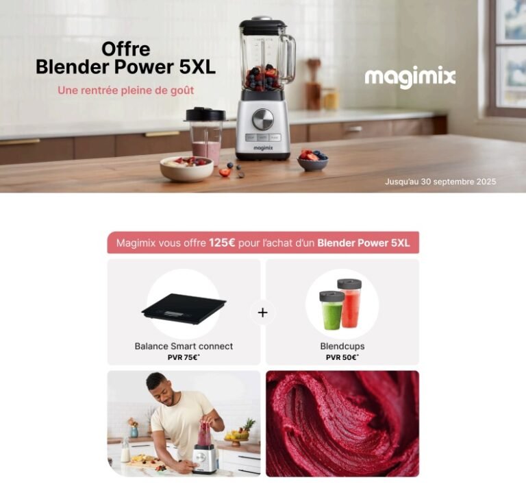 Un Power Blender MAGIMIX trône sur le comptoir de la cuisine, avec une offre spéciale pour Balance Smart connect et Blendcups.